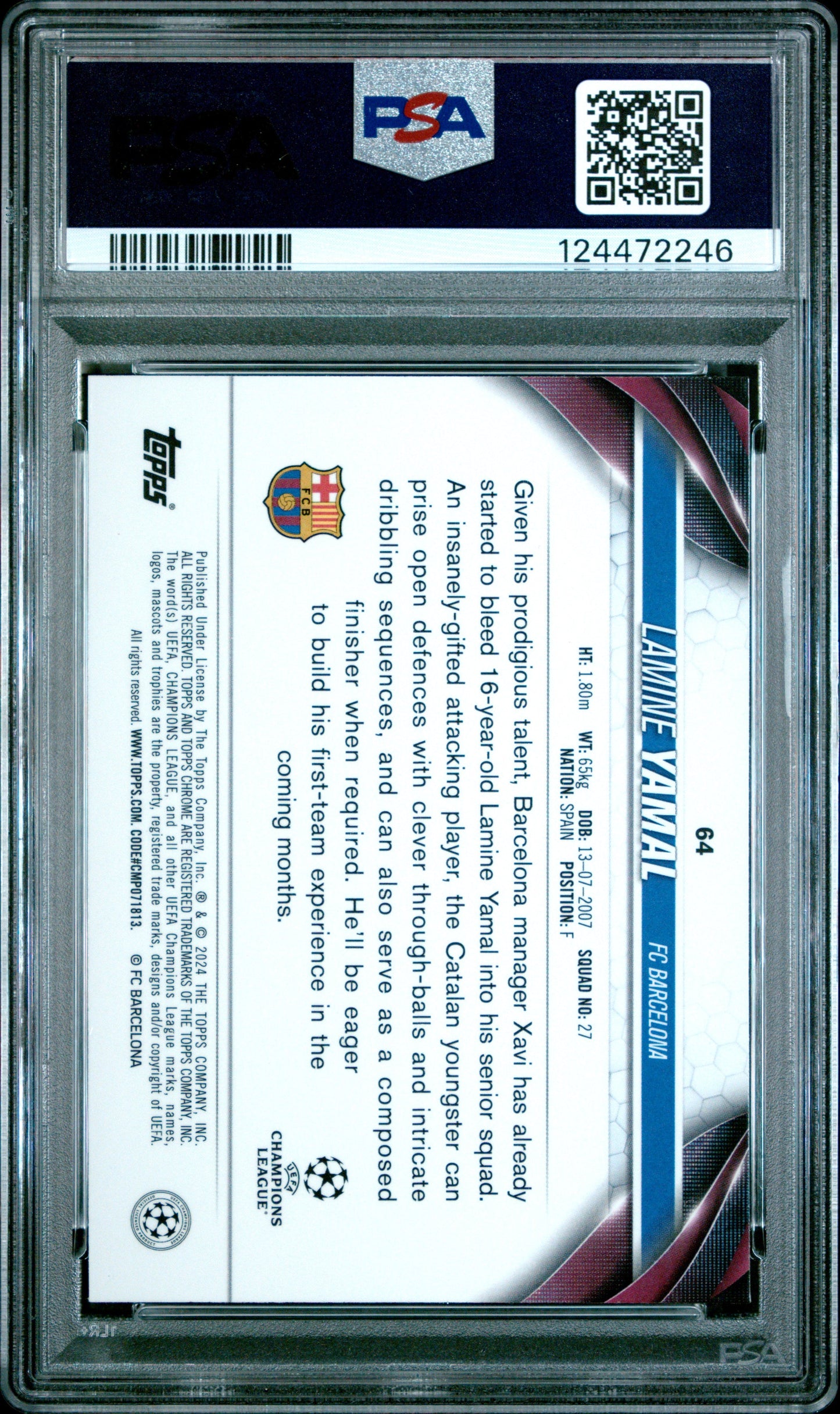 Graded 2023 Topps Chrome UCC Lamine Yamal #64 Rookie RC Soccer Card PSA 10 Gem Mint