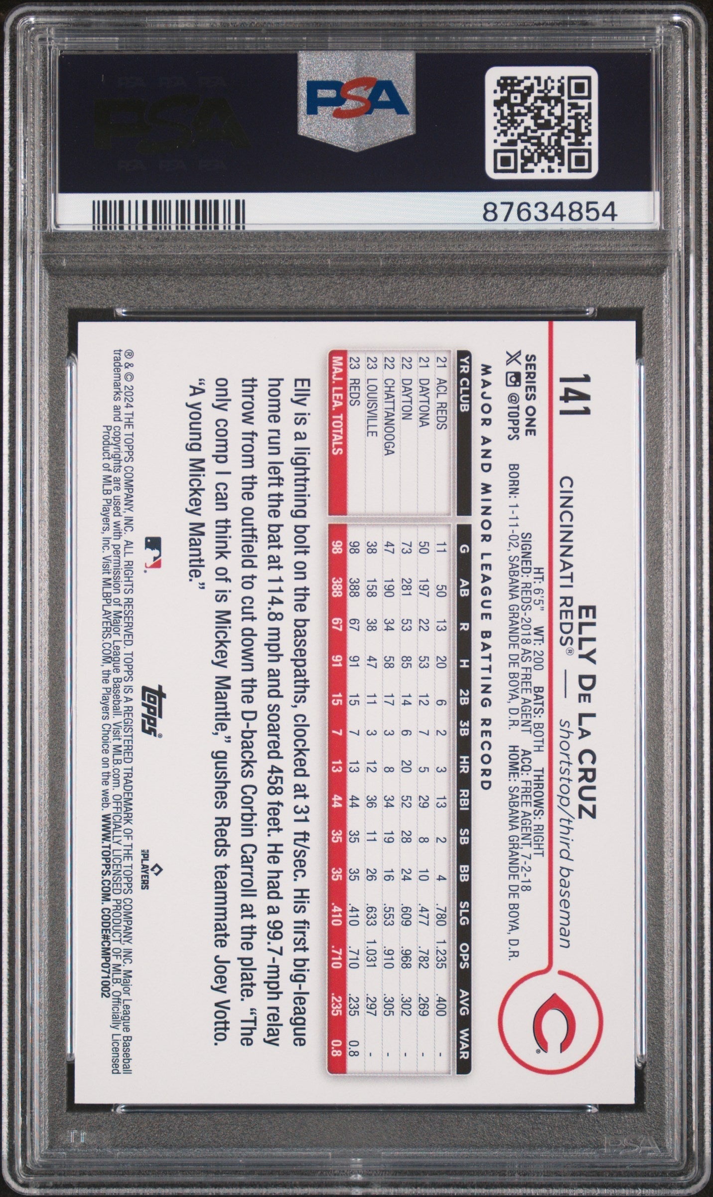 Graded 2024 Topps Elly De La Cruz #141 Rookie RC Baseball Card PSA 9 Mint