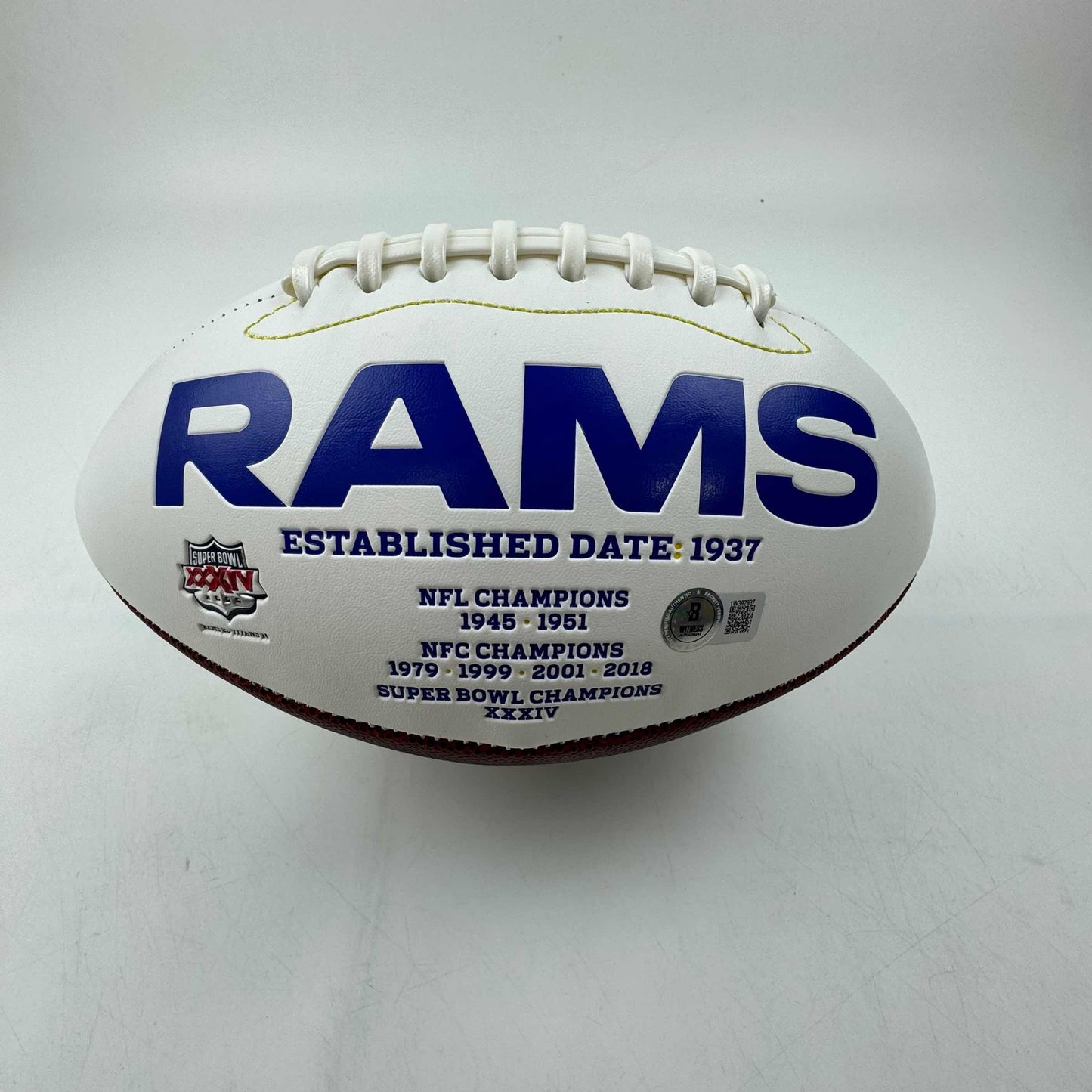 Autographed/Signed Aaron Donald Los Angeles Rams Full Size F/S White Panel Logo Football Beckett COA