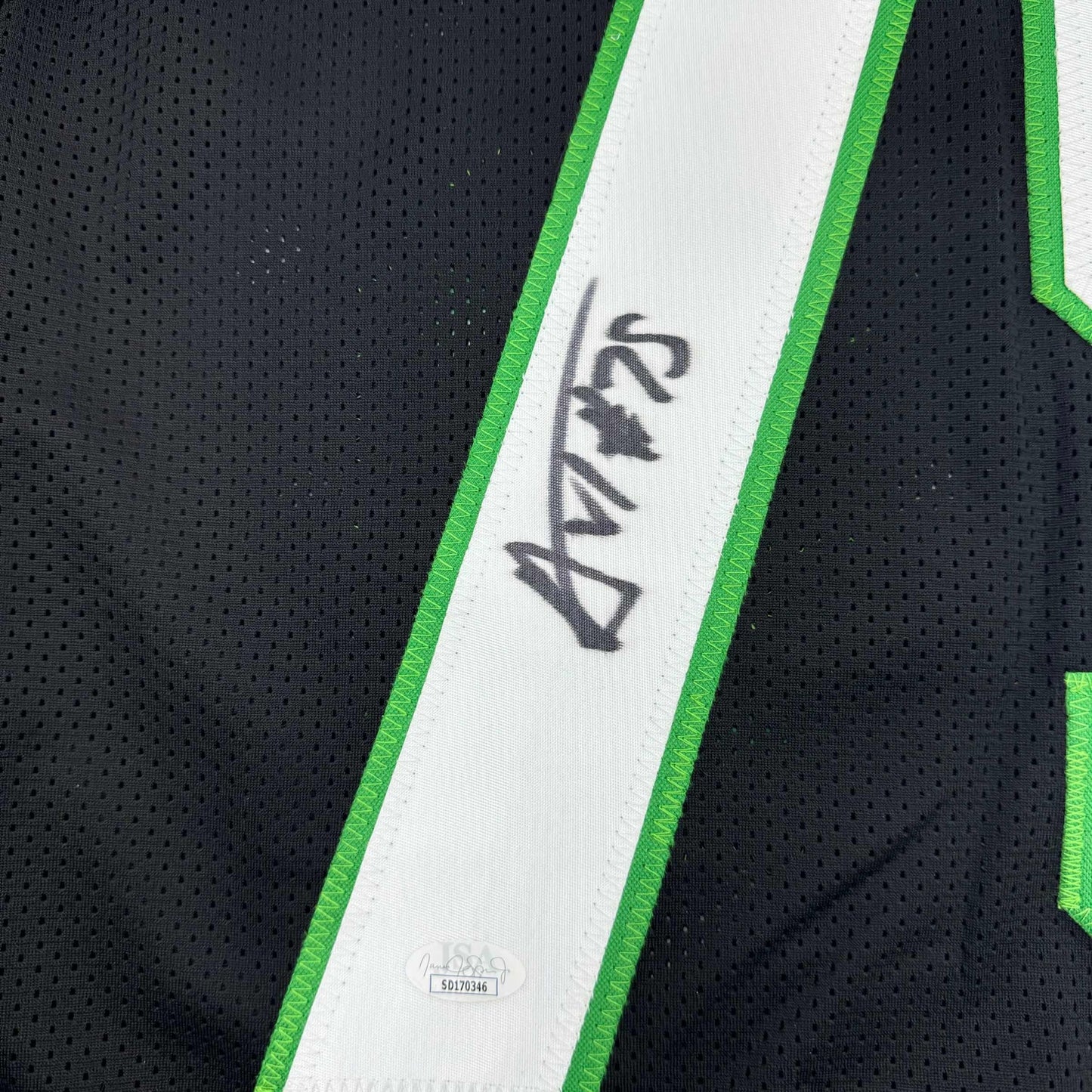 Framed Autographed/Signed Alijah Vera-Tucker 35x39 New York Black Football Jersey JSA COA