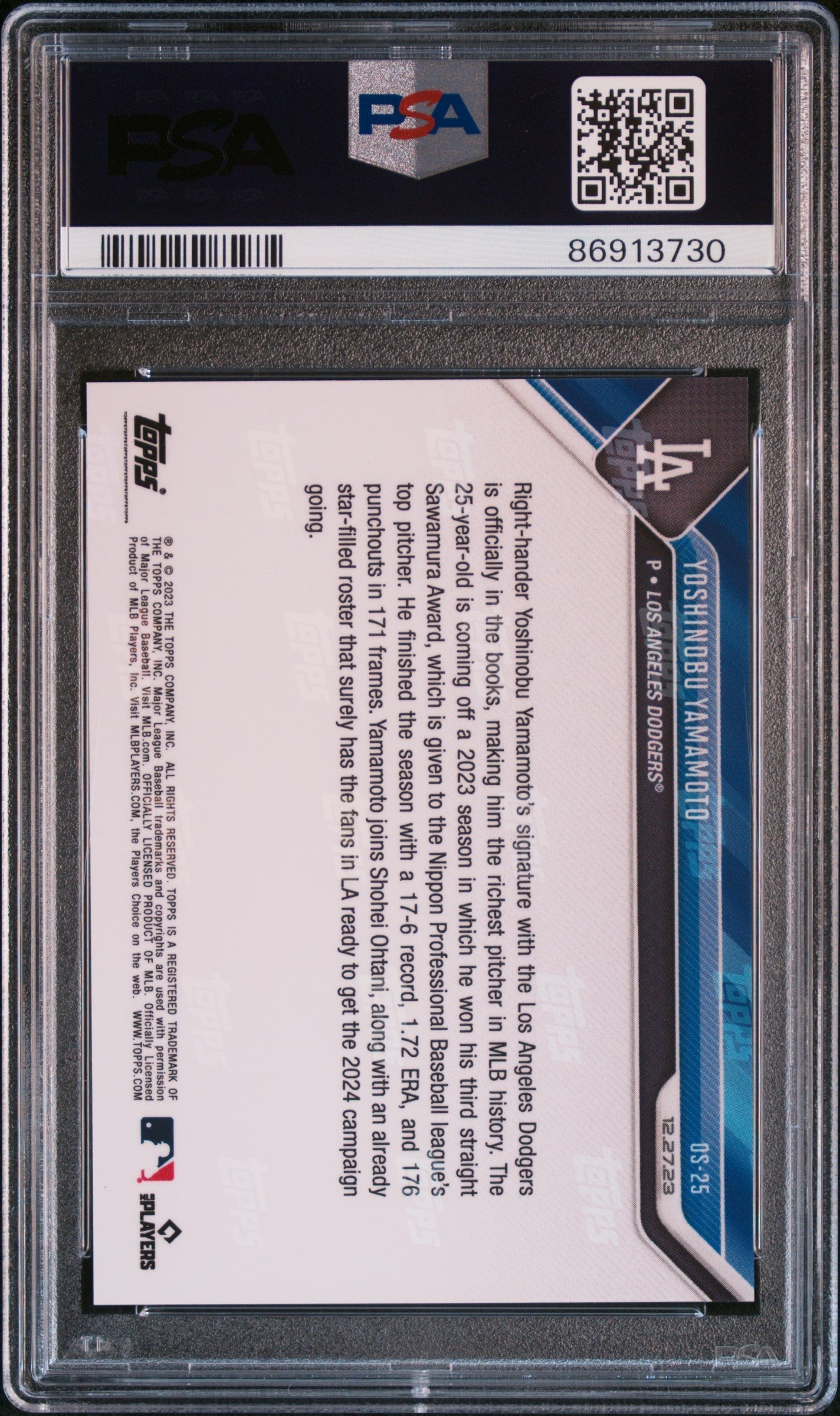 Graded 2023 Topps Now Yoshinobu Yamamoto #OS25 Offseason Rookie RC Baseball Card PSA 10 Gem Mint