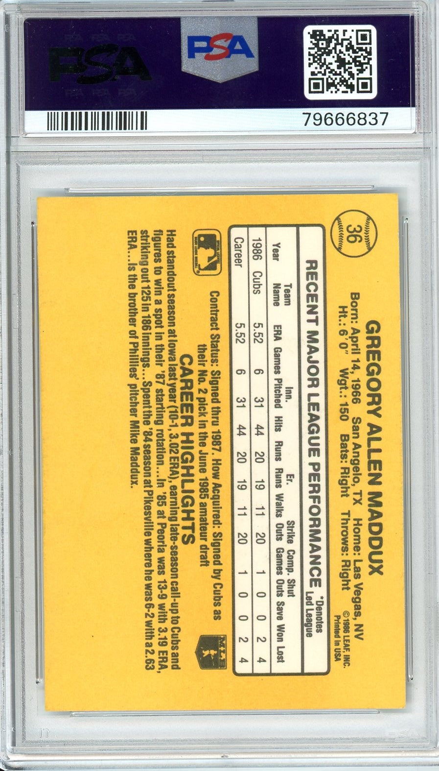 Graded 1987 Donruss Greg Maddux #36 Rookie RC Baseball Card PSA 9 Auto Grade Mint