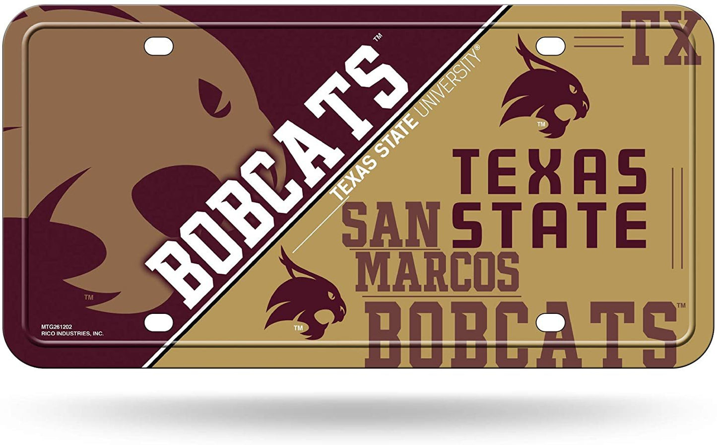 Texas State University Bobcats Metal Auto Tag License Plate, Split Design, 12x6 Inch