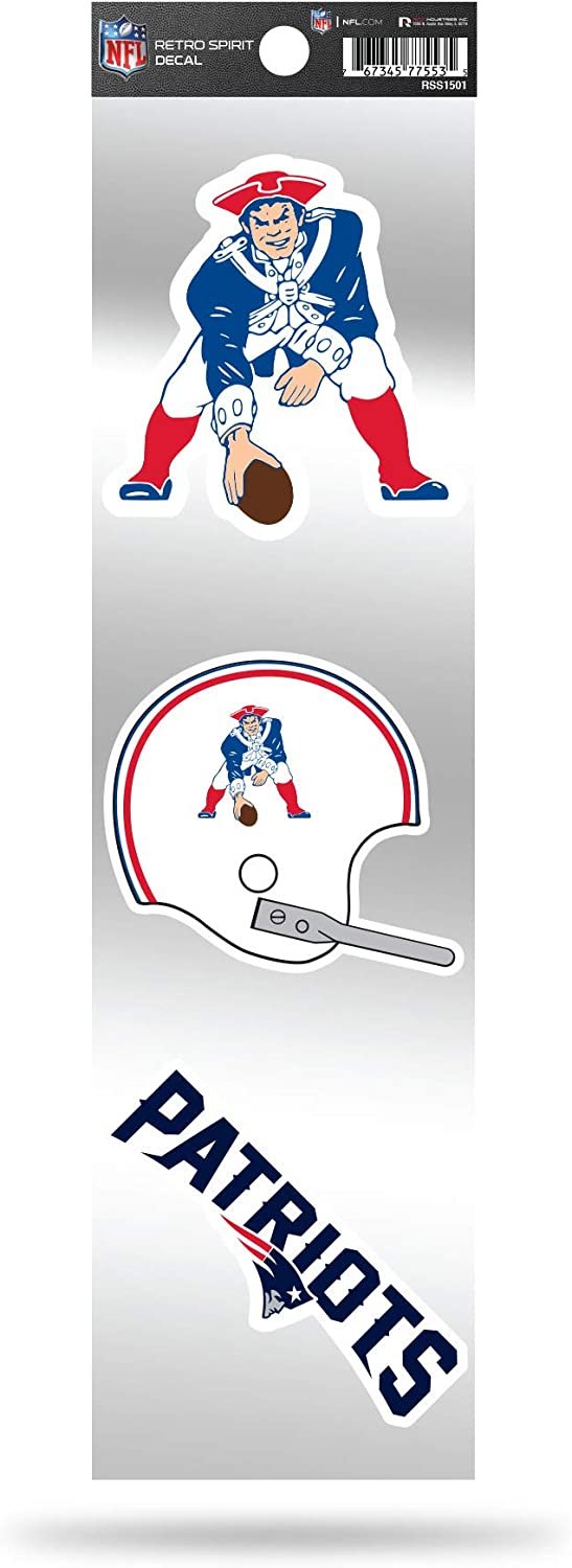 New England Patriots 3-Piece Retro Decal Sticker Sheet, Die Cut, Clear Backing, 3x12 Inch