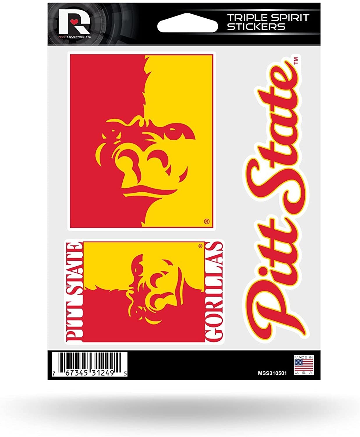 Pittsburgh State University Gorillas 3 Piece Decal Sheet Triple Sticker