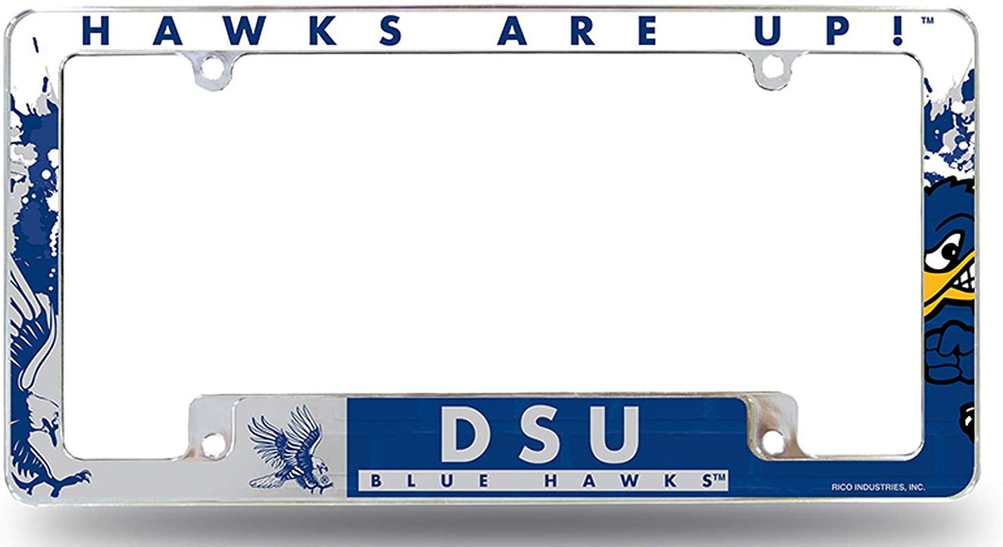 Rico Industries, Inc. Dickinson State Blue Hawks License Plate Frame EZ View All Over Design Heavy Gauge Metal Chrome Tag Cover University
