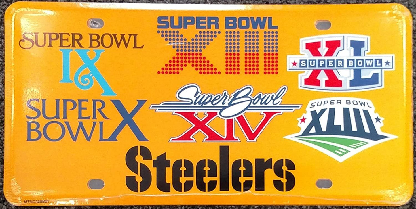 Pittsburgh Steelers Metal Auto Tag License Plate, 6-Time Champions Yellow, 6x12 Inch