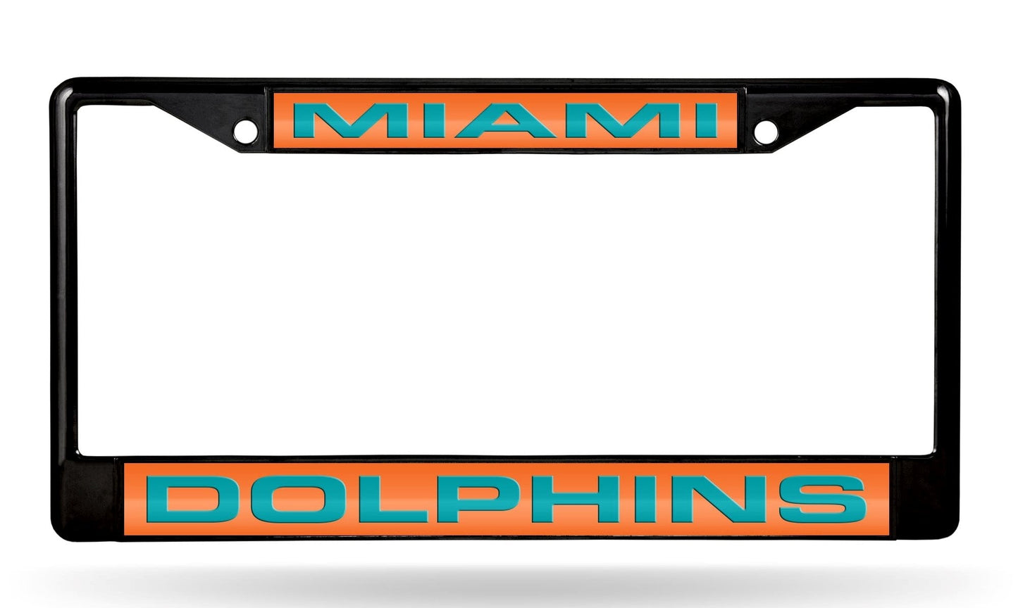 Miami Dolphins Black Metal License Plate Frame Tag Cover, Laser Acrylic Mirrored Inserts, 12x6 Inch