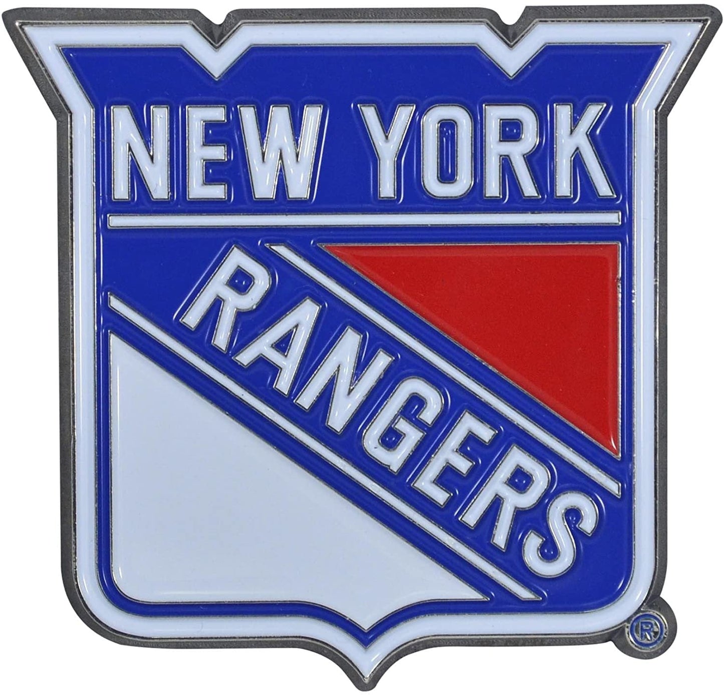 New York Rangers Premium Solid Metal Raised Auto Emblem, Team Color, Shape Cut, Adhesive Backing