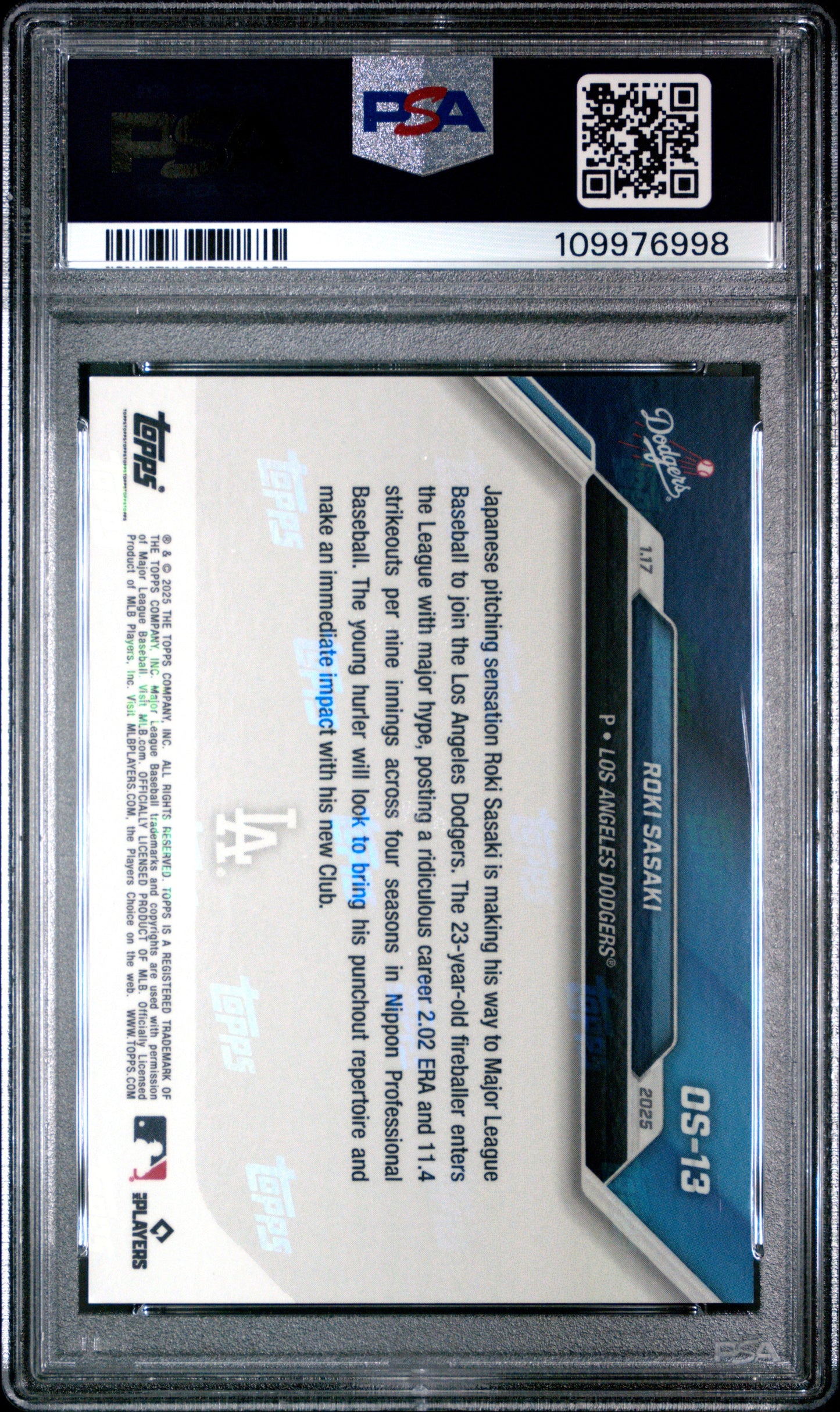 Graded 2024 Topps Now Roki Sasaki #OS13 Offseason Rookie RC Baseball Card PSA 8 Near Mint