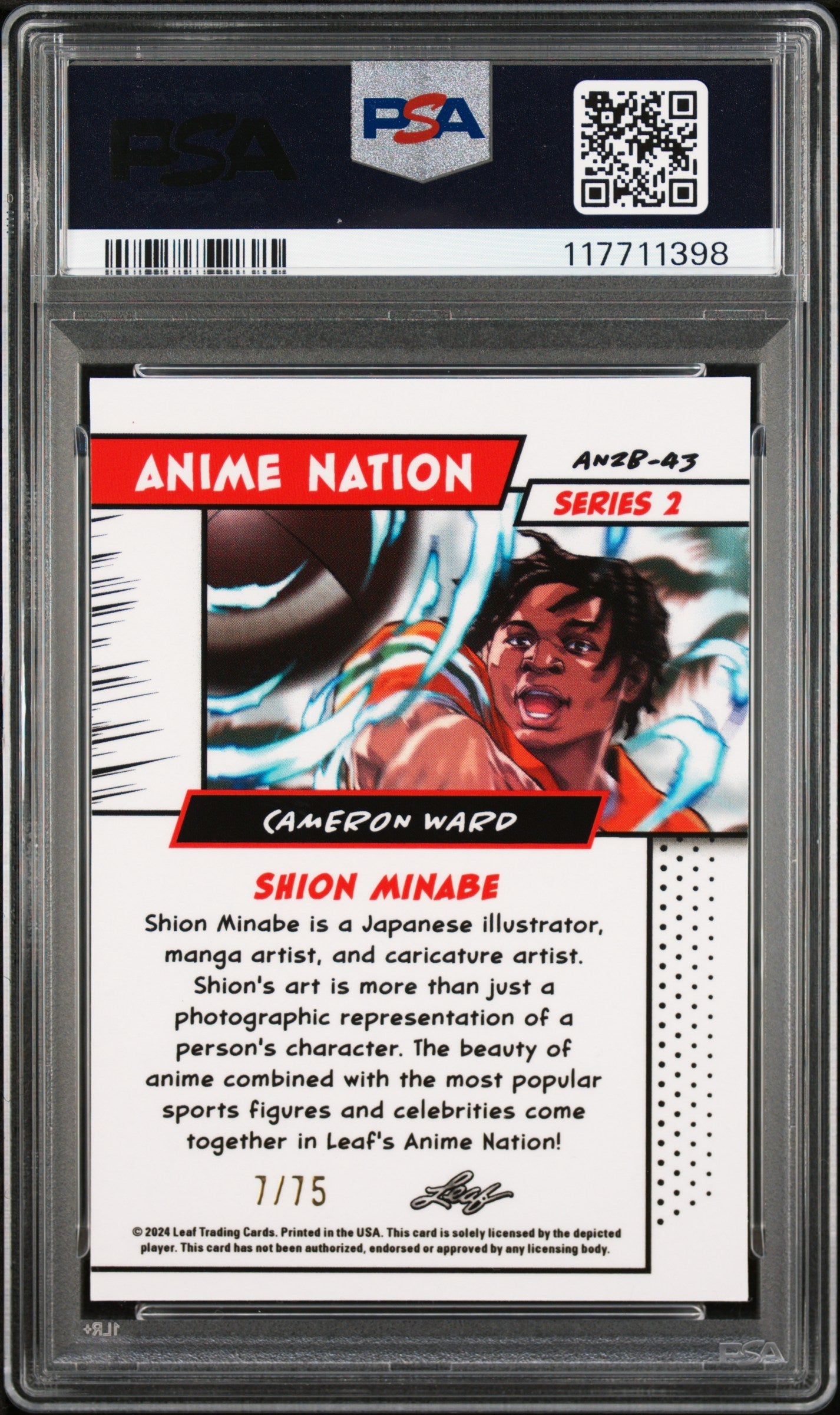 Graded 2024 Leaf Cam Ward #AN2B43 Anime Nation Series 2 Blue /75 Football Card PSA 10 Gem Mint