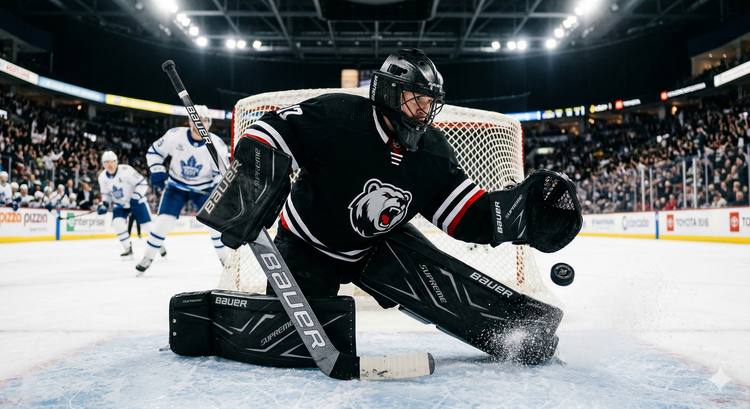 an ice hockey goalie making a save wearing black goalie gear