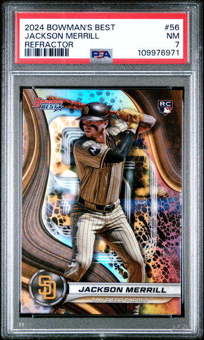 Graded 2024 Topps Bowmans Best Jackson Merrill #56 Refractor Rookie RC Baseball Card PSA 7 Near Mint