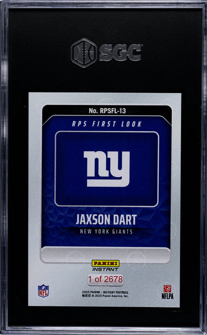 Graded 2025 Panini Instant Jaxson Dart #RPSFL13 RPS First Look Rookie RC Football Card SGC 10 Gem Mint