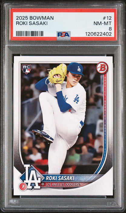 Graded 2025 Topps Bowman Roki Sasaki #12 Rookie RC Baseball Card PSA 8 Near Mint