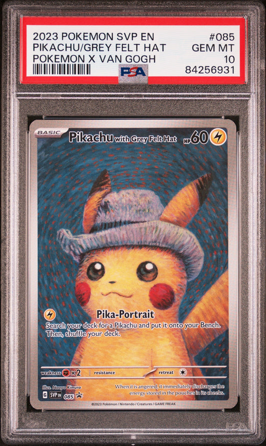 Graded 2023 PKM Svp En-Sv Black Star Promo #085 Pikachu/Grey Felt Hat PKM X Van Gogh Trading Card Game PSA 10 Gem Mint