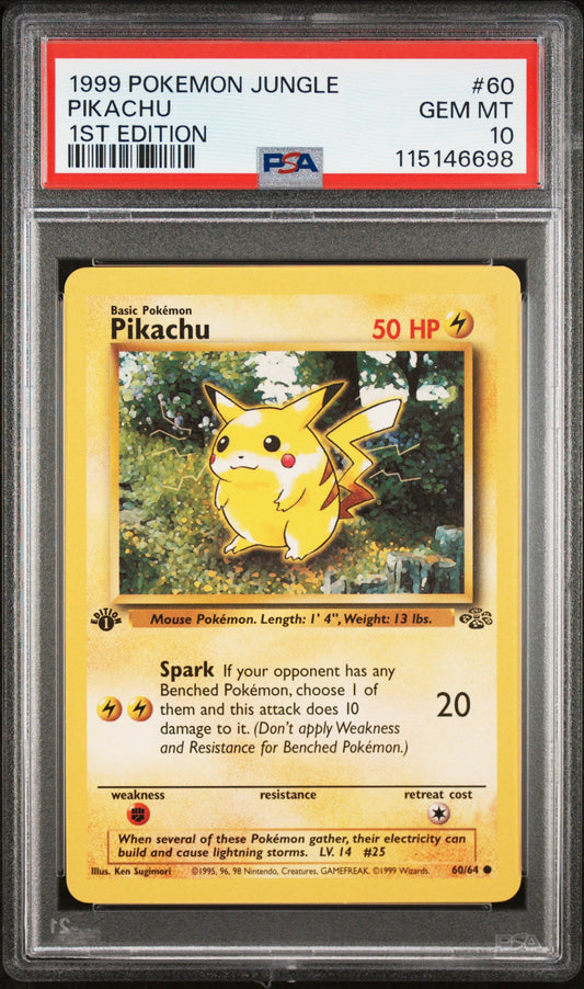 Graded 1999 PKM Jungle #60 Pikachu 1st Edition Trading Card Game PSA 10 Gem Mint