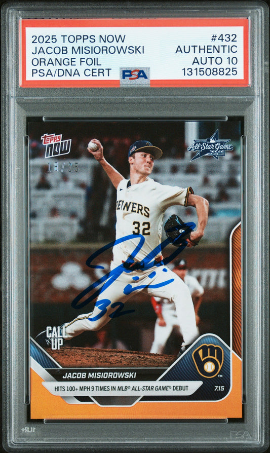 Graded 2025 Topps Now Jacob Misiorowski #432 Orange Foil /25 Rookie RC Baseball Card PSA 10 Auto Grade Gem Mint