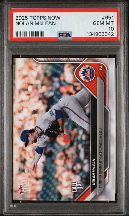 Graded 2025 Topps Now Nolan McLean #651 Rookie RC Baseball Card PSA 10 Gem Mint