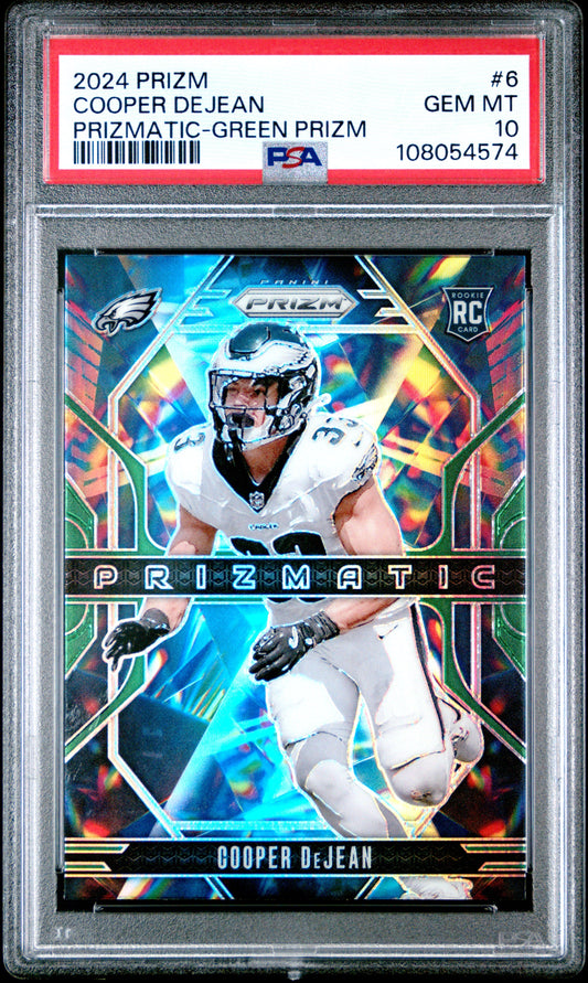 Graded 2024 Panini Prizm Cooper DeJean #6 Prizmatic Green Prizm Rookie RC Football Card PSA 10 Gem Mint