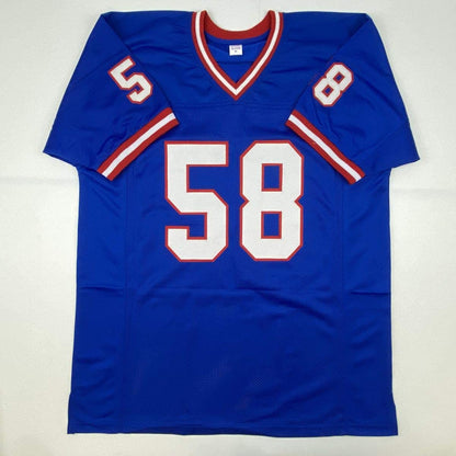 Autographed/Signed Carl Banks New York Blue Football Jersey JSA COA