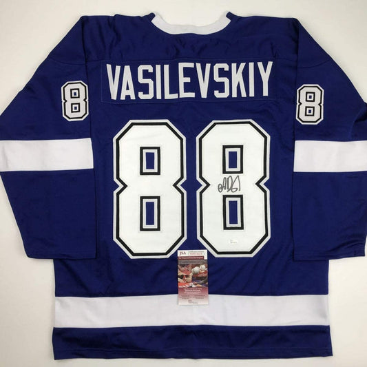 Autographed/Signed Andrei Vasilevskiy Tampa Bay Blue Hockey Jersey JSA COA
