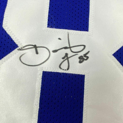 Framed Autographed/Signed David Tyree 35x39 New York Blue Super Bowl XLII Catch Football Jersey JSA COA