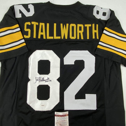 Autographed/Signed John Stallworth HOF 02 Pittsburgh Black Football Jersey JSA COA