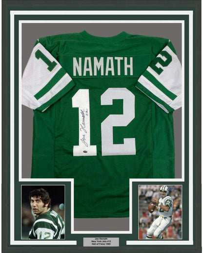 Framed Autographed/Signed Joe Namath 35x39 New York Green Football Jersey GTSM COA Holo Only