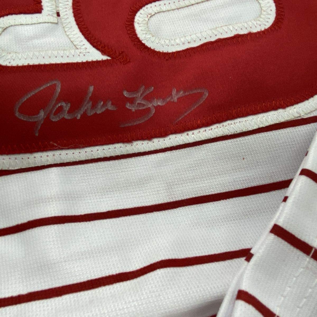 Autographed/Signed John Kruk Philadelphia Pinstripe Baseball Jersey JSA COA
