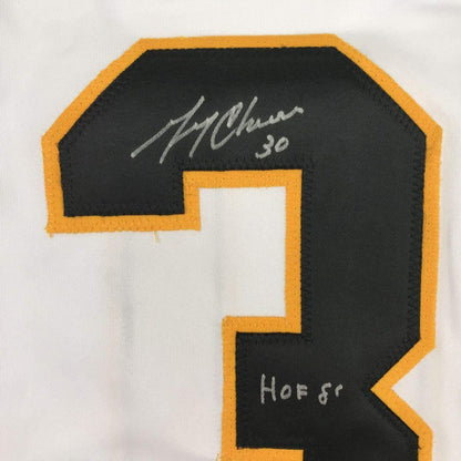 Autographed/Signed Gerry Cheevers HOF 85  Boston White Hockey Jersey JSA COA