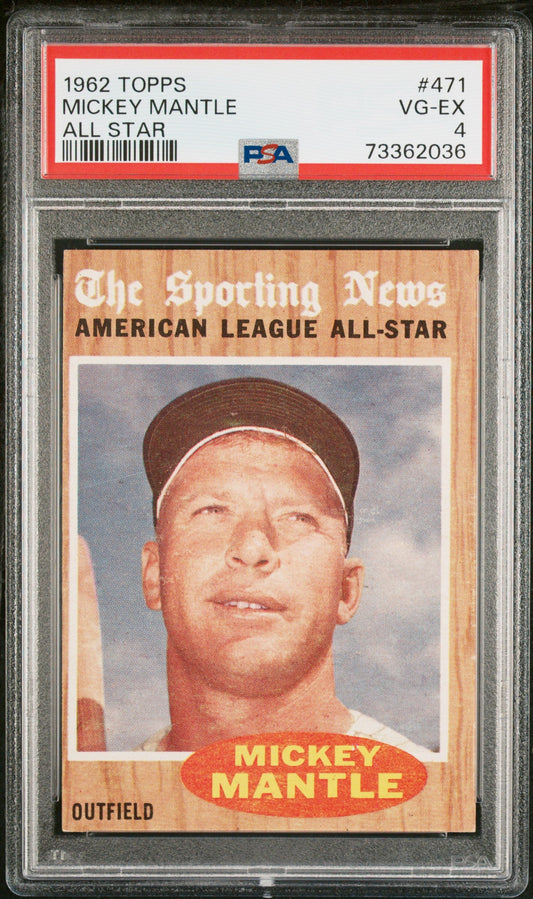 Graded 1962 Topps All Star Mickey Mantle #471 Baseball Card PSA 4 VG-EX