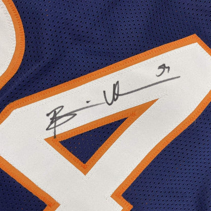 Framed Autographed/Signed Brian Urlacher 35x39 Chicago Bears Blue Football Jersey Beckett BAS COA
