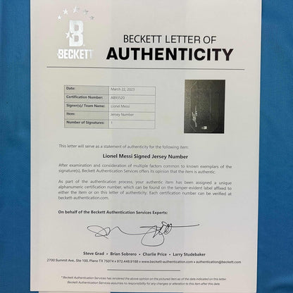 Framed Autographed/Signed Lionel Leo Messi 35x39 Argentina Blue/White Soccer Jersey Beckett BAS COA/LOA