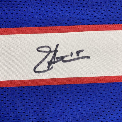Autographed/Signed Jeff Hostetler New York Blue Football Jersey JSA COA