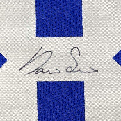 Framed Autographed/Signed Darius Slayton 35x39 New York Blue Football Jersey JSA COA