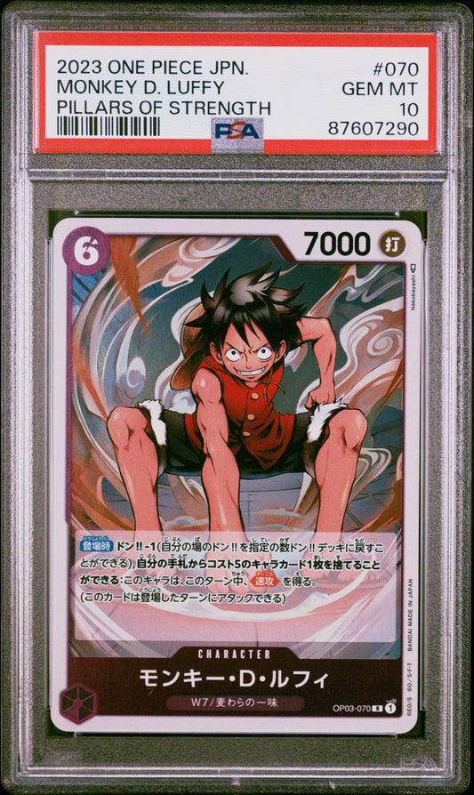 Graded 2023 One Piece OP03 Japanese Monkey D. Luffy #070 Pillars of Strength Trading Card Game PSA 10 Gem Mint