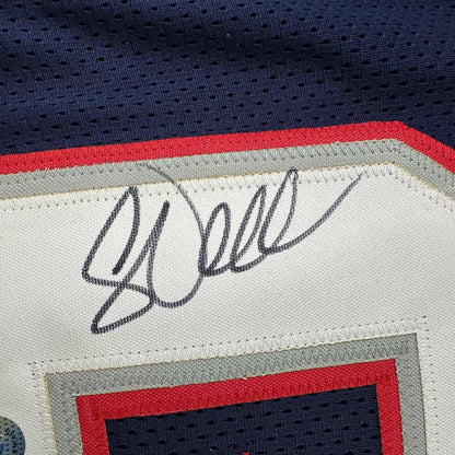 Framed Autographed/Signed Corey Dillon 35x39 New England Blue Football Jersey Beckett BAS COA