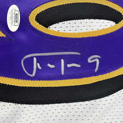 Framed Autographed/Signed Justin Tucker 35x39 Baltimore White Football Jersey JSA COA