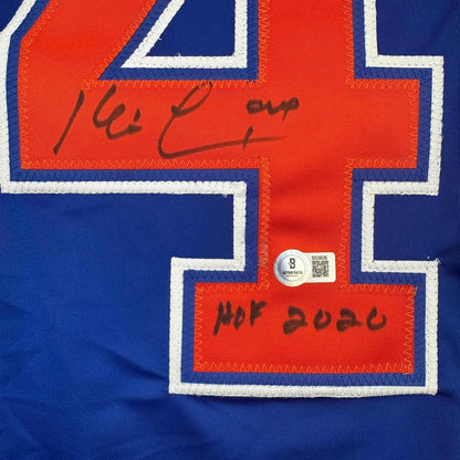 Framed Autographed/Signed Kevin Lowe 35x39 "HOF 2020" Edmonton Blue Hockey Jersey Beckett BAS COA
