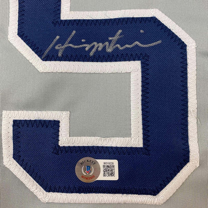 Framed Autographed/Signed Hideki Matsui 35x39 New York Grey Baseball Jersey Beckett BAS COA