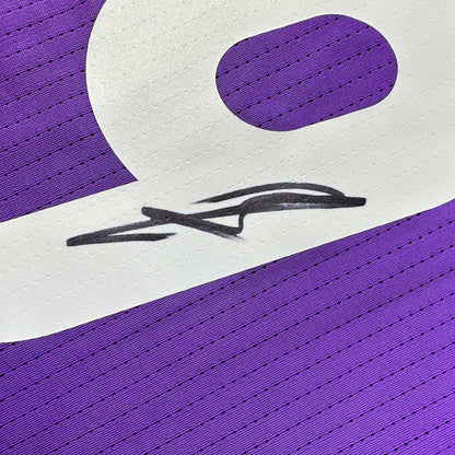 Framed Autographed/Signed Karim Benzema Real Madrid 35x39 2016-17 Purple Soccer Jersey Beckett BAS COA