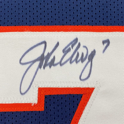 Framed Autographed/Signed John Elway 35x39 Denver Blue Football Jersey JSA COA