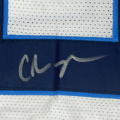 Framed Autographed/Signed Chris Johnson 35x39 Tennessee White Football Jersey JSA COA
