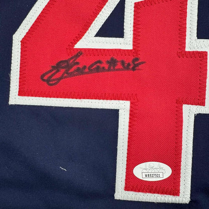 Framed Autographed/Signed Emmanuel Clase 35x39 Cleveland Blue Baseball Jersey JSA COA