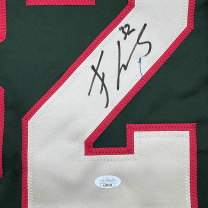 Framed Autographed/Signed Filip Gustavsson 35x39 Minnesota Green Hockey Jersey JSA COA