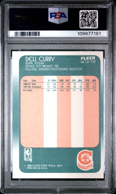 Graded 1988 Fleer Dell Curry #14 Rookie RC Basketball Card PSA 8 NM-MT