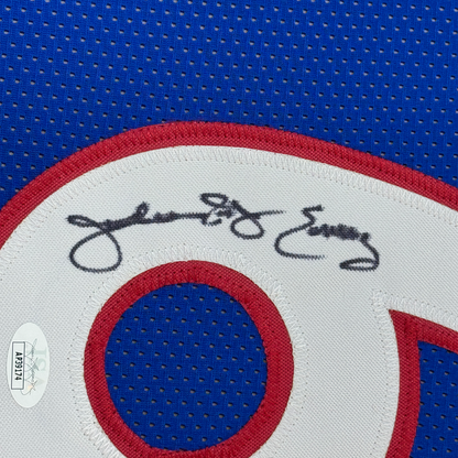Framed Autographed/Signed Julius Erving Dr. J 35x39 Philadelphia Blue Basketball Jersey JSA COA #2