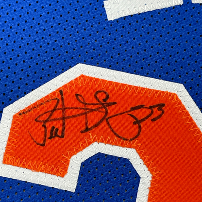 Framed Autographed/Signed Patrick Ewing 35x39 New York Blue Basketball Jersey Beckett BAS COA