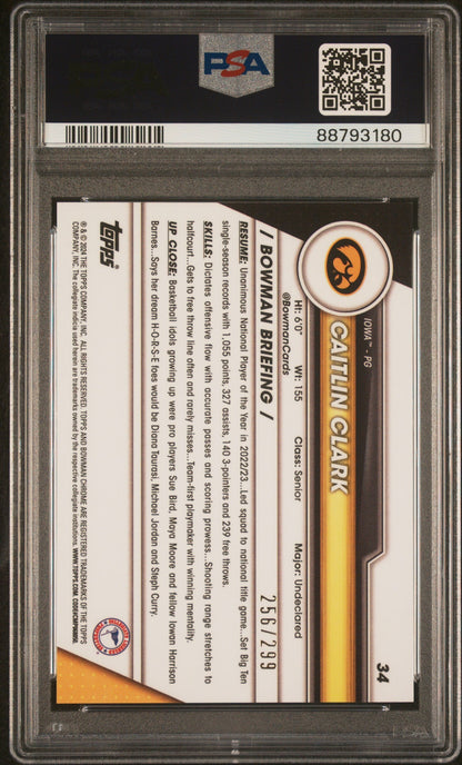 Graded 2023 Topps Bowman U Chrome Caitlin Clark #34 Aqua Wave #/299 Rookie RC Basketball Card PSA 10 Gem Mint